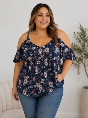 Torrid Floral Cold Shoulder Blouse Top Size 5 (5X) Navy Blue Flutter Sleeve Plus